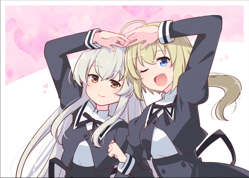 2girls ;d ahoge amano_soraha arm_at_side arm_hug arm_up assault_lily back_cutout black_ribbon black_skirt blue_eyes blush breasts brown_eyes buttons closed_mouth clothing_cutout commentary_request cropped_jacket egawa_kusumi grey_hair hair_between_eyes hand_up heart_arms_duo high-waist_skirt highres holding_hands interlocked_fingers jewelry juliet_sleeves long_hair long_sleeves looking_at_viewer low_ponytail medium_breasts morugen multiple_girls neck_ribbon one_eye_closed pink_background ponytail puffy_sleeves ribbon ring school_uniform side-by-side sidelocks skirt smile standing two-tone_background upper_body very_long_hair white_background yurigaoka_girls_academy_school_uniform