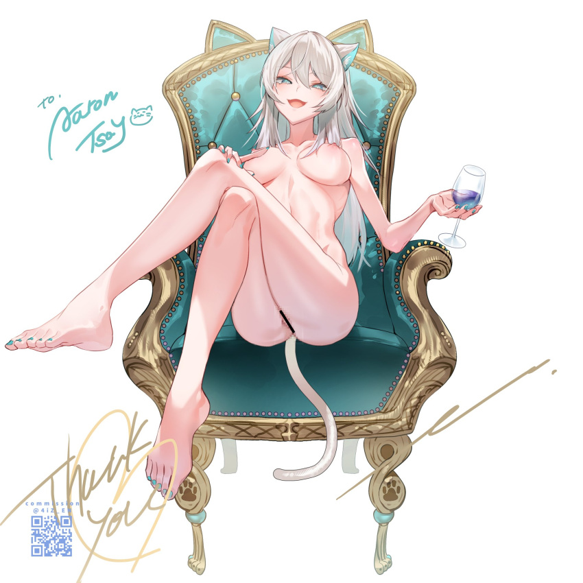 1girl aarontsay animal_ear_fluff animal_ears aqua_nails ass bar_censor barefoot breasts cat_girl cat_tail censored chair completely_nude crossed_legs cup drinking_glass easy_chair enshou_(namarien) gold_footwear high_heels highres holding holding_cup indie_virtual_youtuber large_breasts looking_at_viewer mosaic_censoring nude pussy second-party_source shoes sitting solo tail thank_you toes virtual_youtuber white_hair wine_glass