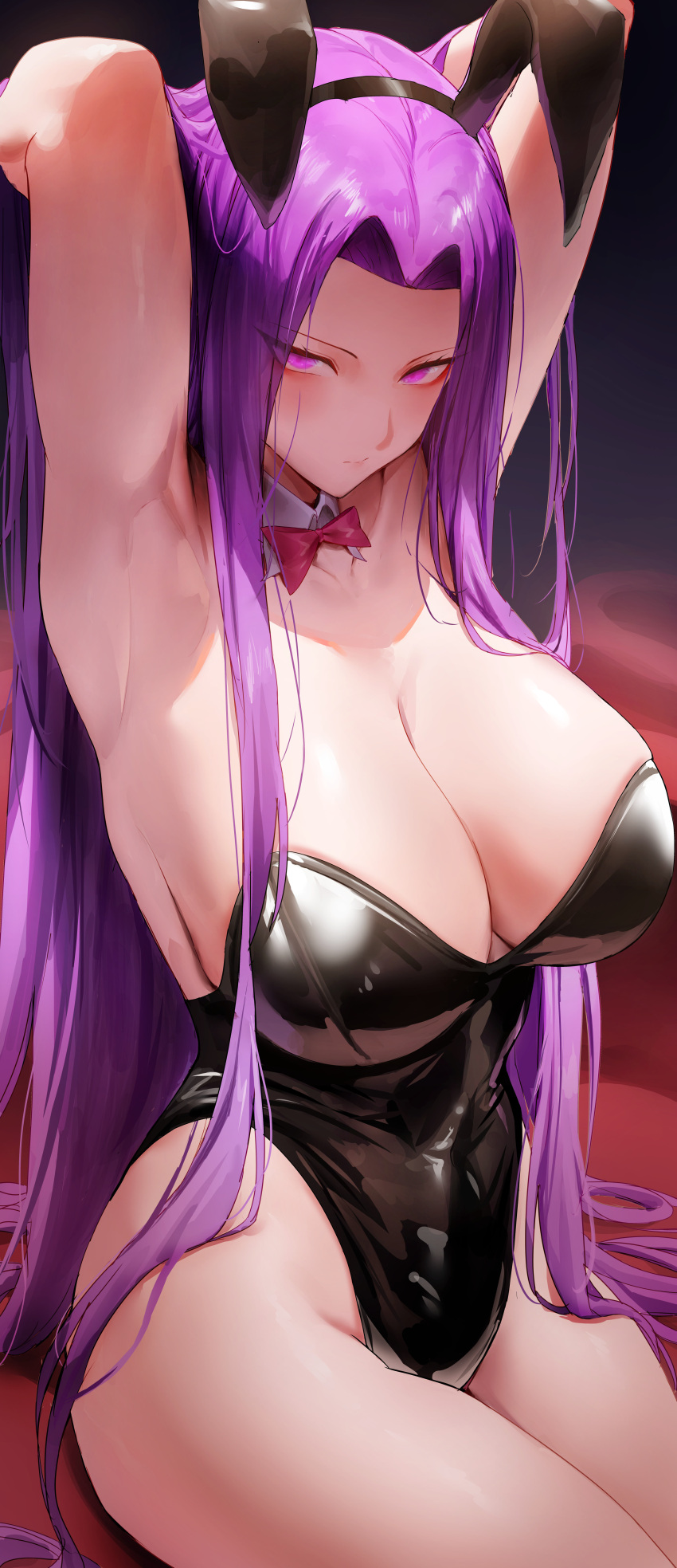 1girl absurdres bare_shoulders black_leotard breasts cleavage fate/stay_night fate_(series) forehead highres large_breasts leotard long_hair looking_at_viewer medusa_(fate) medusa_(rider)_(fate) parted_bangs playboy_bunny purple_eyes purple_hair rororo sidelocks solo very_long_hair