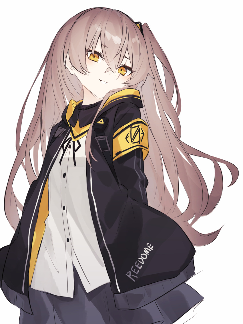 1girl armband black_jacket black_skirt brown_hair crossed_bangs diieru girls'_frontline hair_between_eyes highres jacket long_hair neck_ribbon one_side_up open_clothes open_jacket parted_lips ribbon shirt skirt smile solo ump45_(girls'_frontline) white_background white_shirt yellow_eyes