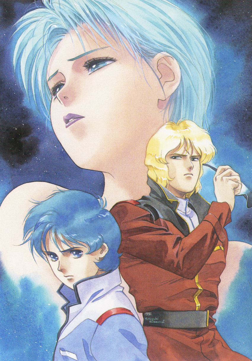 1990s_(style) 1991 1girl 2boys belt blue_eyes blue_hair dated energy four_murasame ghost glowing gundam highres jacket kamille_bidan kitazume_hiroyuki looking_at_viewer magazine_scan military mullet multiple_boys purple_lips quattro_bajeena removing_eyewear retro_artstyle sad scan short_hair signature space starry_background sunglasses traditional_media uniform zeta_gundam