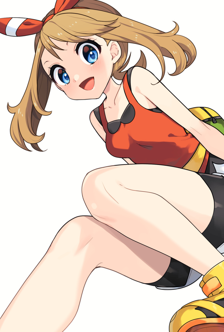 1girl :d bike_shorts blue_eyes blush bow_hairband breasts brown_hair collarbone commentary_request eyelashes fanny_pack hairband happy highres knees may_(pokemon) medium_hair open_mouth pokemon pokemon_oras red_hairband red_shirt shirt shoes shorts sleeveless sleeveless_shirt smile solo yellow_bag yellow_footwear yuihico
