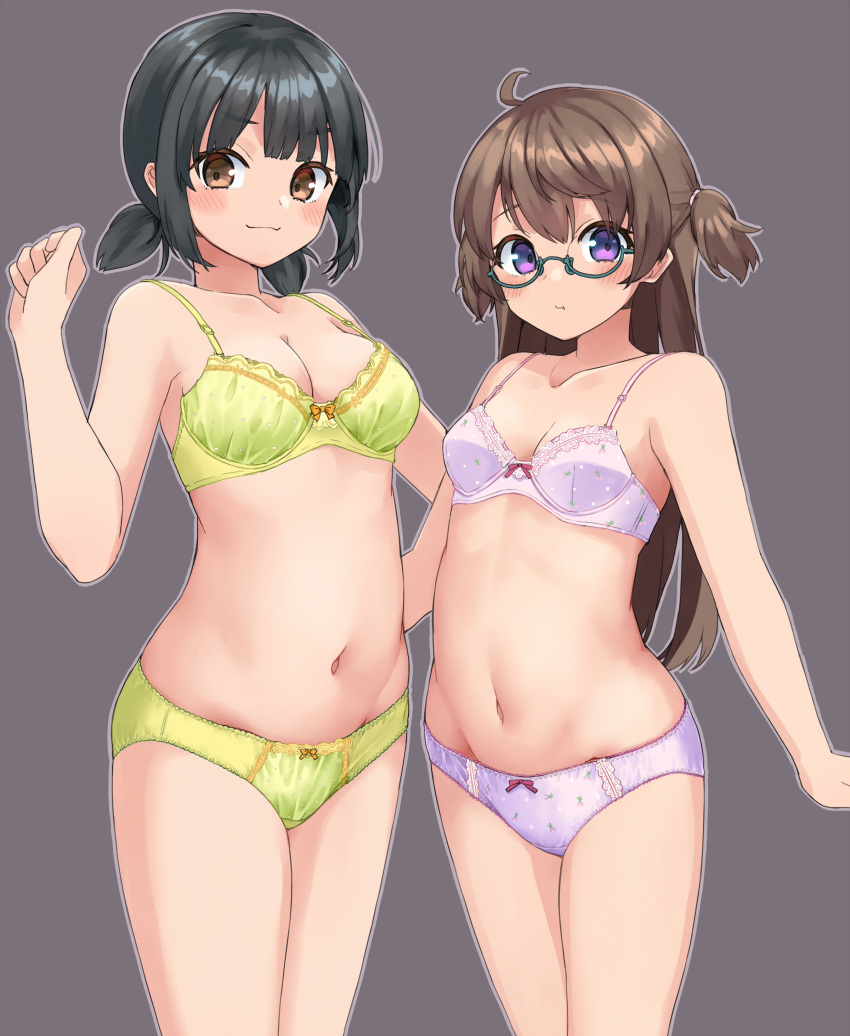 2girls :t absurdres amemiya_sekira bare_arms bare_shoulders black_hair blush bow bow_bra bow_panties bra breasts brown_eyes brown_hair cleavage closed_mouth collarbone commentary_request glasses green-framed_eyewear green_bra green_panties grey_background hand_up highres kuramote_mei long_hair low_twintails medium_breasts multiple_girls navel original panties pouch purple_bra purple_eyes purple_panties sekira_ame semi-rimless_eyewear short_twintails simple_background small_breasts smile standing twintails two_side_up under-rim_eyewear underwear underwear_only very_long_hair