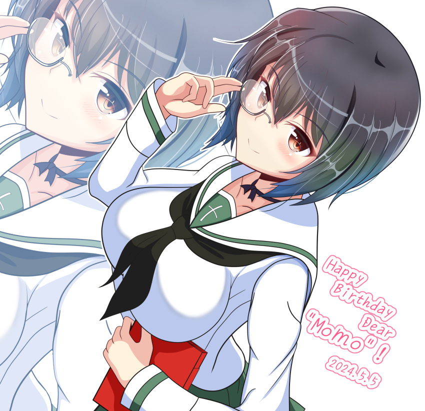 1girl black_choker black_hair blush breasts brown_eyes character_name choker closed_mouth dated girls_und_panzer happy_birthday highres kawashima_momo kumaisao large_breasts looking_at_viewer monocle ooarai_school_uniform school_uniform short_hair simple_background smile solo upper_body white_background