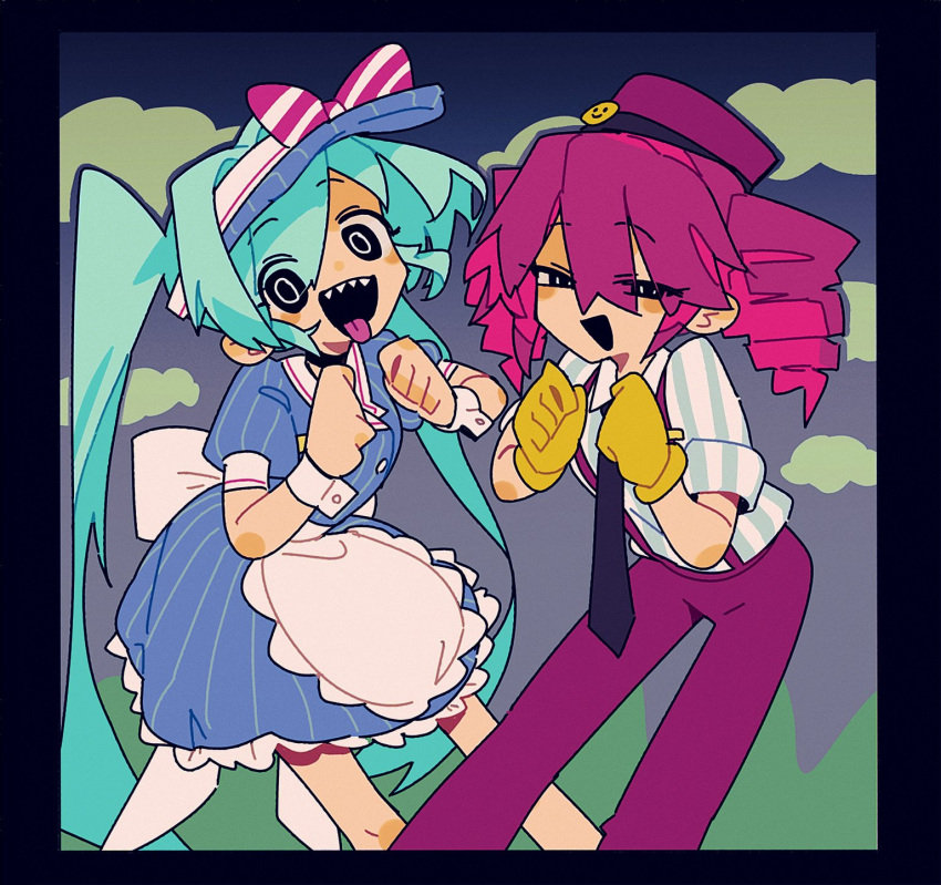 2girls adpx apron back_bow black_eyes black_mouth blue_hair blush bow choker dress drill_hair gloves hat hatsune_miku highres kasane_teto long_hair mesmerizer_(vocaloid) multiple_girls open_mouth pants pink_hair ringed_eyes sharp_teeth sky suspenders teeth tongue tongue_out twin_drills twintails utau very_long_hair visor_cap vocaloid waist_apron wrist_cuffs