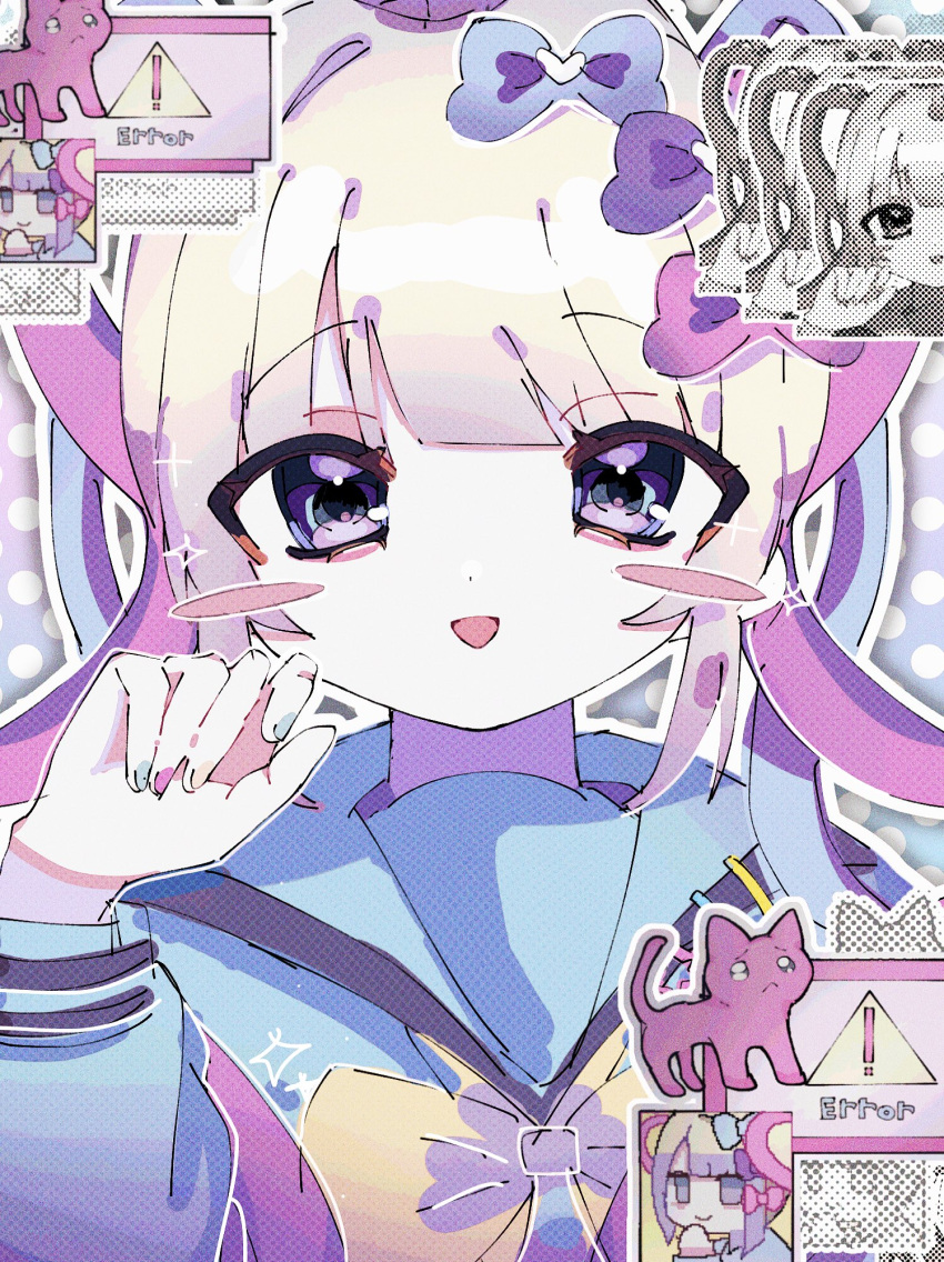 1girl :d blonde_hair blue_bow blue_hair blue_nails blue_shirt blush_stickers bow cat chouzetsusaikawa_tenshi-chan commentary error_message hair_bow hand_up heart highres long_hair long_sleeves looking_at_viewer multicolored_hair multicolored_nails nail_polish needy_girl_overdose open_mouth outline pink_bow pink_hair pink_nails purple_bow purple_eyes quad_tails recurring_image sabanose sailor_collar shirt smile solo symbol-only_commentary upper_body white_outline window_(computing) yellow_bow yellow_nails