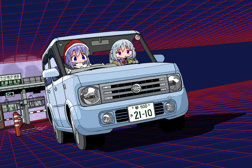 blue_car blue_eyes blue_hair commentary doremy_sweet dream_world_(touhou) drinking drinking_straw driving dutch_angle full_moon hat highres kasuya_baian kishin_sagume light_blue_hair moon nightcap nissan nissan_cube purple_eyes purple_hair red_hat sign tollway touhou vehicle_focus