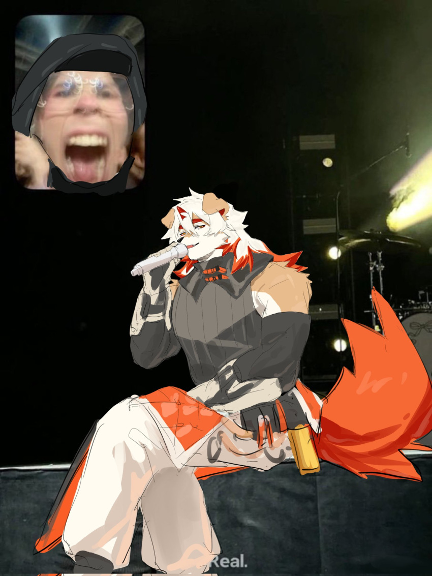 1boy arknights bara black_hood black_shirt colored_tips doctor_(arknights) drum drum_set fan_screaming_at_madison_beer_(meme) fang furry furry_male glasses half-closed_eyes highres holding holding_microphone hood hood_up horns hung_(arknights) instrument komainu_boy komainu_ears komainu_tail male_focus meme microphone multicolored_hair muscular muscular_male music open_mouth pants redrawn shirt singing single_horn sitting sleeveless sleeveless_shirt wang_yzzx white_pants