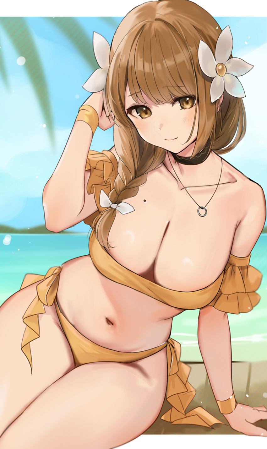 1girl alternate_costume bare_arms bare_shoulders beach bikini black_choker breasts brown_eyes brown_hair choker closed_mouth collarbone fire_emblem fire_emblem_engage flower goldmary_(fire_emblem) hair_flower hair_ornament haru_(nakajou-28) highres jewelry large_breasts leaning_to_the_side looking_at_viewer mole mole_on_breast navel ocean off-shoulder_bikini off_shoulder outdoors pendant sitting smile solo stomach swimsuit thighs yellow_bikini