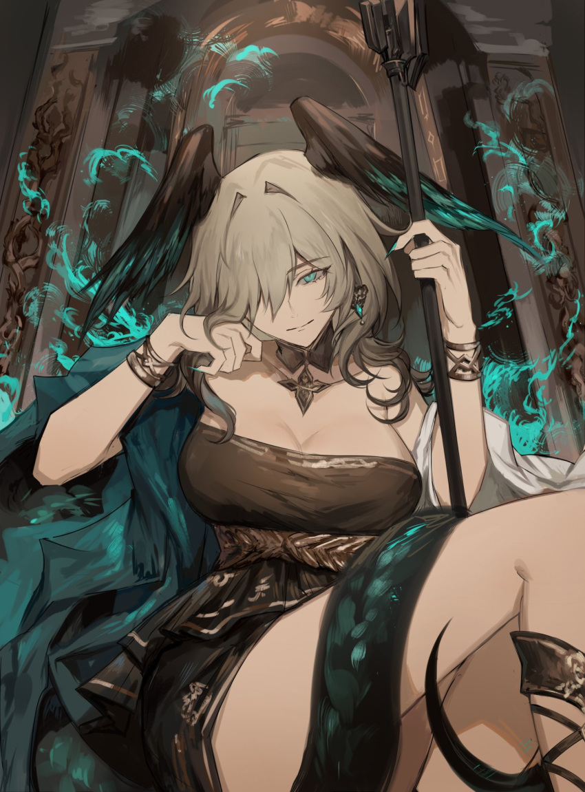 1girl aqua_eyes arknights bare_shoulders black_dress breasts cleavage commentary detached_collar dress english_commentary feathered_wings grey_hair hair_over_one_eye head_wings highres ho'olheyak_(arknights) ho'olheyak_(carriage_of_the_winds_of_time)_(arknights) holding holding_staff jewelry large_breasts legs looking_at_viewer official_alternate_costume pendant potettoe smile smirk snake_tail solo staff strapless strapless_dress tail thighs wings wristlet