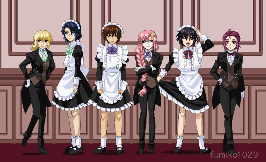 3boys 3girls apron athrun_zala bare_legs black_hair blonde_hair braid cagalli_yula_athha cosplay dress formal frilled_apron frilled_dress frills fumiko_(mesushi) genderswap gundam gundam_seed gundam_seed_destiny gundam_seed_freedom jacket kira_yamato lacus_clyne long_sleeves lunamaria_hawke maid multiple_boys multiple_girls necktie pants parody pink_hair red_carpet ribbon shinn_asuka short_hair skirt socks suit tight_clothes tiles vest