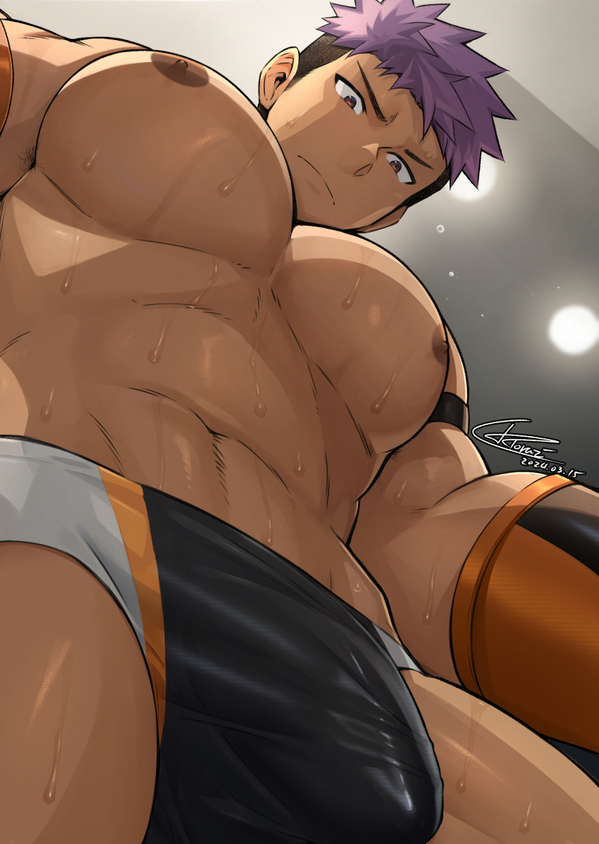 1boy abs bara bulge covered_penis cowboy_shot crotch dark-skinned_male dark_skin forearms foreshortening from_below highres ktorazi large_pectorals looking_at_viewer looking_down male_focus meme multicolored_hair muscular muscular_male navel nipples original pectorals purple_hair sanpaku short_hair solo stomach sweat topless_male tsurime two-tone_hair upper_body v-shaped_eyebrows very_sweaty wrestler wrestling_outfit yur_oc_like_this_(meme)