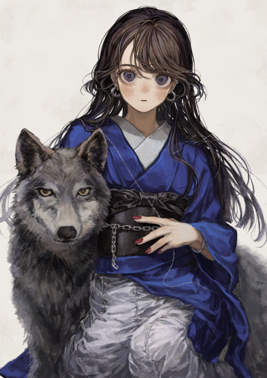 1girl absurdres animal black_hair black_sash blue_kimono chain commentary earrings highres japanese_clothes jewelry kimono long_hair long_sleeves looking_at_viewer nail_polish obi original purple_eyes red_nails sash sayoko_(sayosny2) signature simple_background solo symbol-only_commentary wide_sleeves wolf