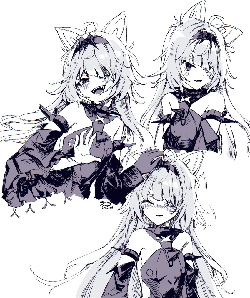 ahoge animal_ears armlet bare_shoulders black_bodysuit black_hairband blush bodysuit cross-shaped_pupils detached_sleeves evil_smile grey_hair hair_intakes hair_over_eyes hairband headpat highres long_hair long_sleeves mechanical_ears no.21:_feral_scent_(punishing:_gray_raven) no.21_(punishing:_gray_raven) open_mouth parted_lips partially_colored punishing:_gray_raven sharp_teeth sidelocks signature smile sw_haze symbol-shaped_pupils teeth white_background wolf_ears