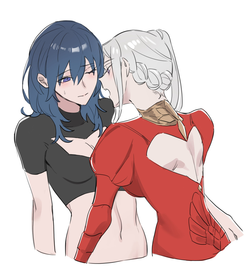 2girls abs absurdres back_cutout black_shirt blue_hair braid breasts byleth_(female)_(fire_emblem) byleth_(fire_emblem) cleavage cleavage_cutout closed_mouth clothing_cutout commentary_request dress edelgard_von_hresvelg fire_emblem fire_emblem:_three_houses highres imminent_bite long_hair medium_breasts midriff multiple_girls open_mouth purple_eyes red_dress shirt short_sleeves side_ponytail simple_background sweat toho10min toned_female upper_body white_background white_hair yuri