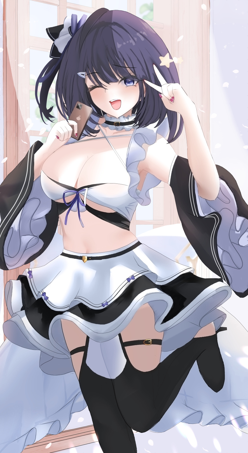 1girl absurdres azur_lane black_footwear bow breasts cellphone choker cleavage curtains detached_sleeves fishnets frills full_body hair_bow hair_ornament highres large_breasts liverpool_(azur_lane) looking_at_viewer maid midriff navel one_eye_closed open_mouth phone purple_eyes rei_tuki ribbon short_hair skirt smartphone smile solo stomach thigh_strap thighhighs v window