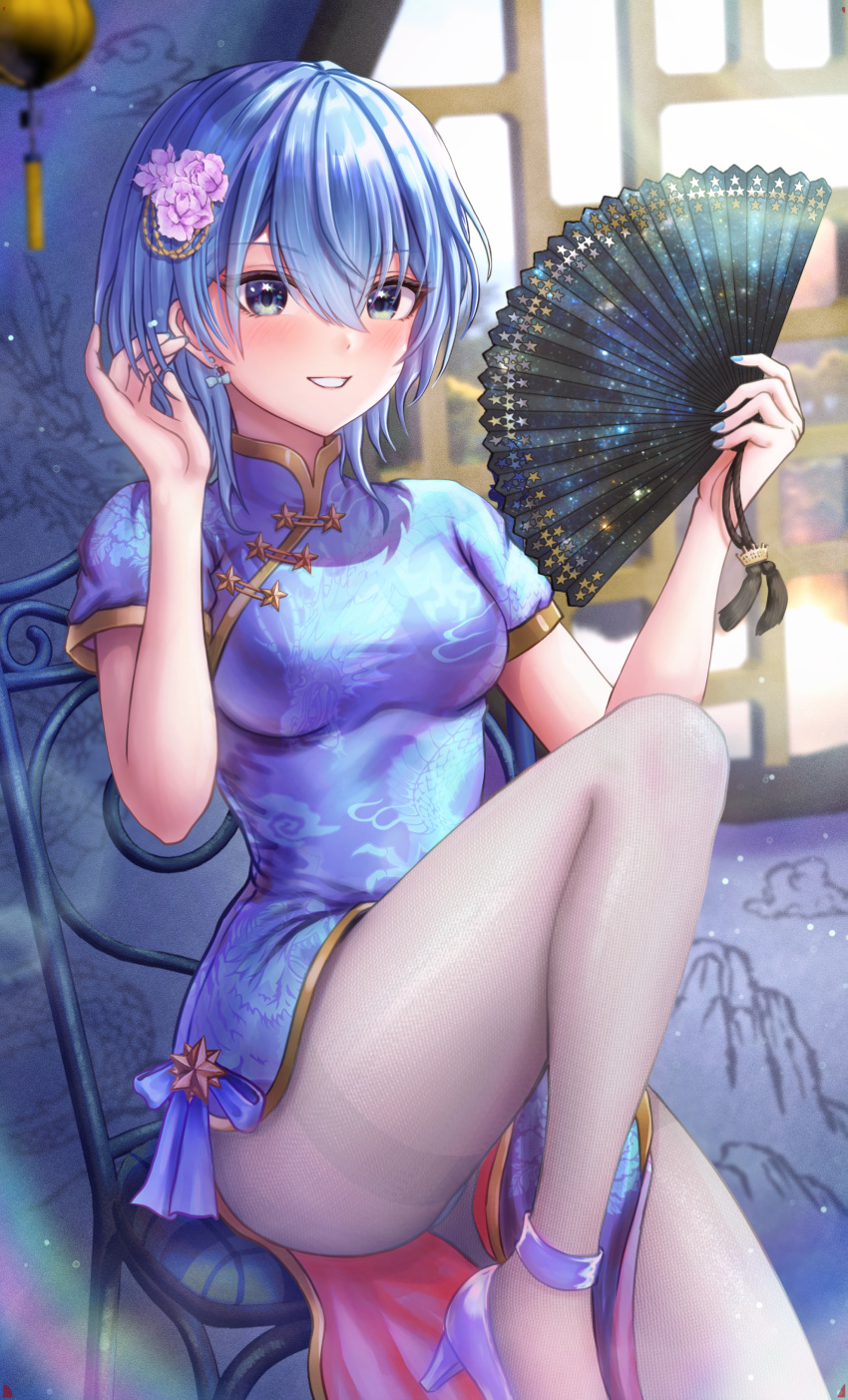 1girl absurdres alternate_costume blue_dress blue_eyes blue_hair blue_nails blush bow bow_earrings breasts china_dress chinese_clothes commentary dress earrings fingernails flower folding_fan gold_trim grin hair_between_eyes hair_flower hair_ornament hand_fan hands_up high_heels highres holding holding_fan hololive hoshimachi_suisei jewelry looking_at_viewer medium_breasts medium_hair nail_polish on_chair panties pantyhose pink_flower short_sleeves sitting smile solo star_(symbol) star_in_eye symbol_in_eye tassel thighs underwear virtual_youtuber wajuniorbox white_footwear white_panties