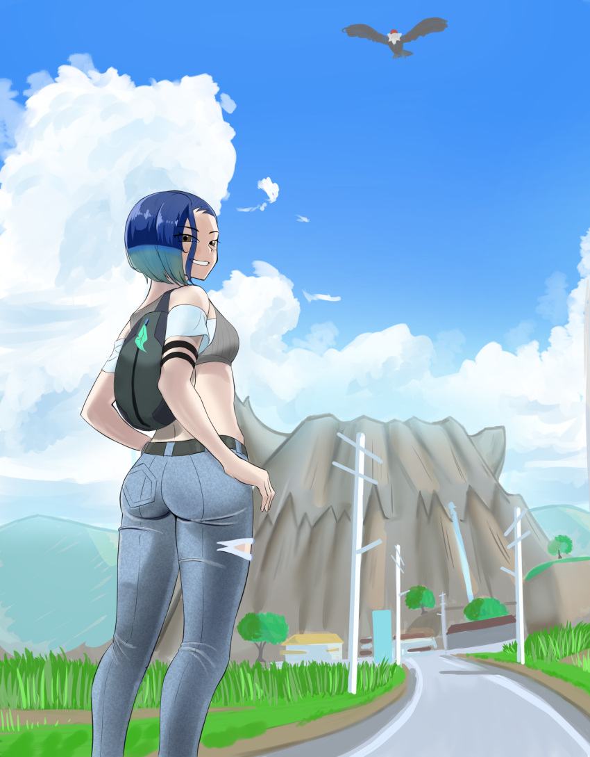 1girl anpanzetton armband ass back bare_shoulders bird black_armband black_choker blue_hair blue_sky bob_cut breasts brown_eyes choker cloud crop_top denim gradient_hair grey_shirt half-closed_eyes hands_on_own_hips highres jeans looking_back loose_hair_strand medium_breasts midriff mountain multicolored_hair pants perrin_(pokemon) pokemon pokemon_(creature) pokemon_sv ribbed_shirt shirt sketch sky sleeveless sleeveless_shirt solo_focus undershirt v-neck