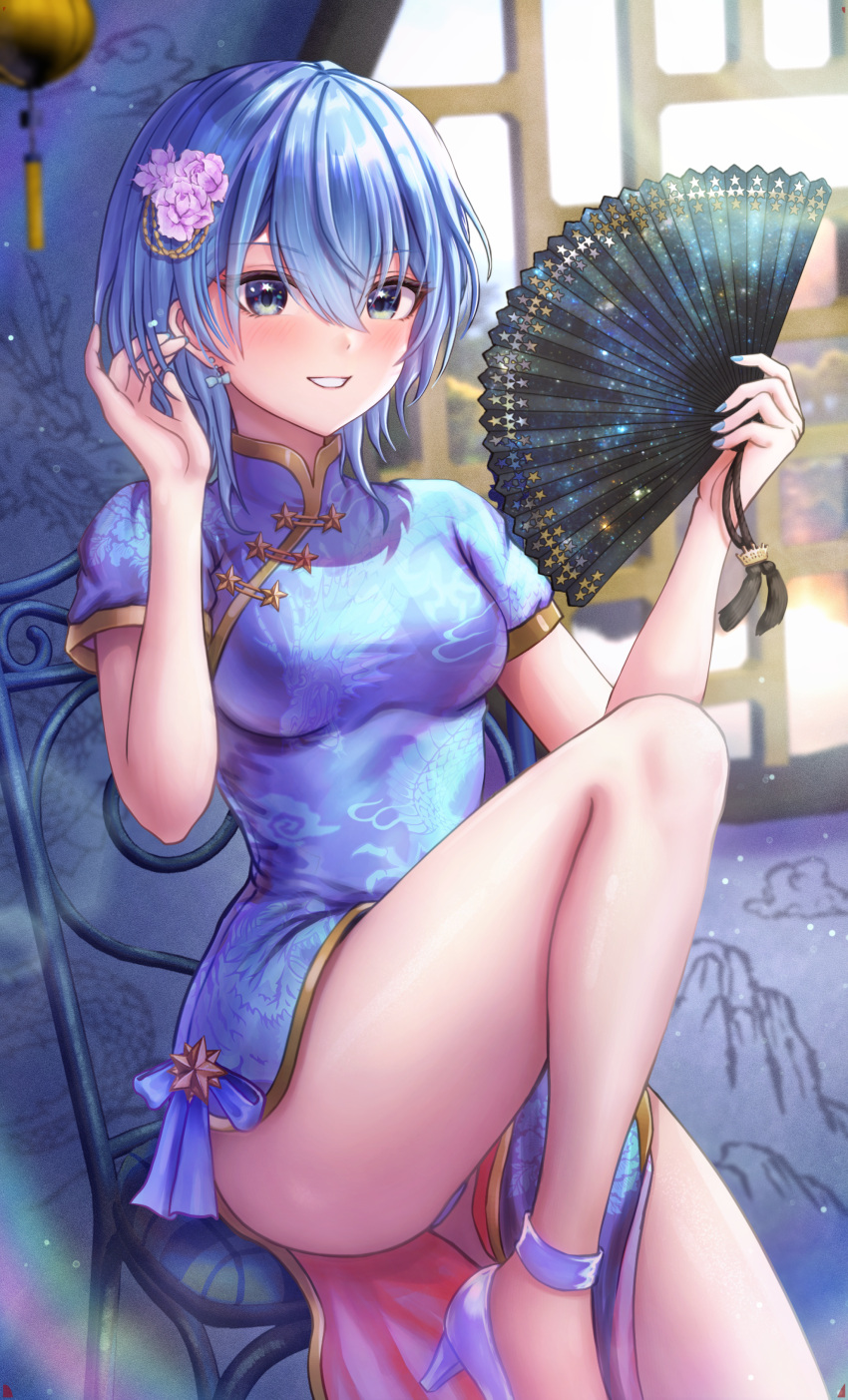 1girl absurdres alternate_costume bare_legs blue_dress blue_eyes blue_hair blue_nails blush bow bow_earrings breasts china_dress chinese_clothes commentary dress earrings fingernails flower folding_fan gold_trim grin hair_between_eyes hair_flower hair_ornament hand_fan hands_up high_heels highres holding holding_fan hololive hoshimachi_suisei jewelry looking_at_viewer medium_breasts medium_hair nail_polish on_chair panties pink_flower revision short_sleeves sitting smile solo star_(symbol) star_in_eye symbol_in_eye tassel thighs underwear virtual_youtuber wajuniorbox white_footwear white_panties