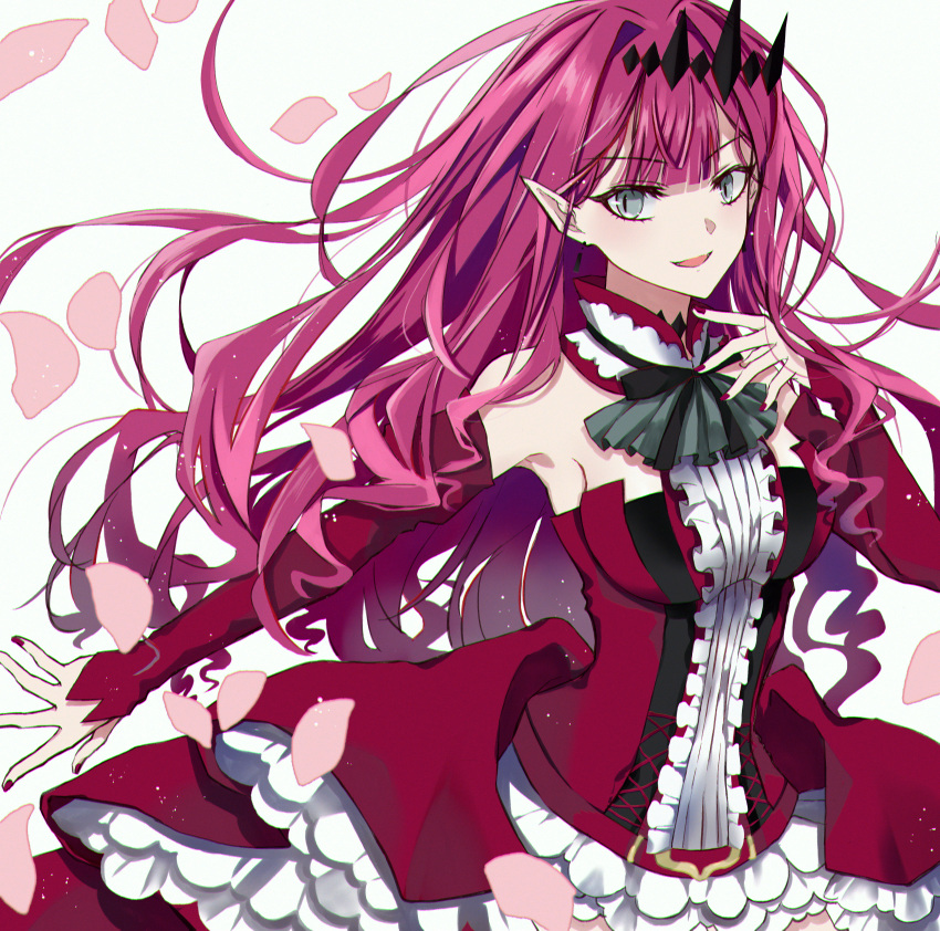 1girl absurdres baobhan_sith_(fate) baobhan_sith_(first_ascension)_(fate) bare_shoulders breasts detached_sleeves dress earrings empty_(empty029) falling_petals fate/grand_order fate_(series) frilled_dress frills grey_eyes hair_ornament hand_up highres jewelry lomocya long_sleeves looking_at_viewer nail_polish parted_lips petals pink_hair pointy_ears red_dress red_nails sidelocks smile solo white_background