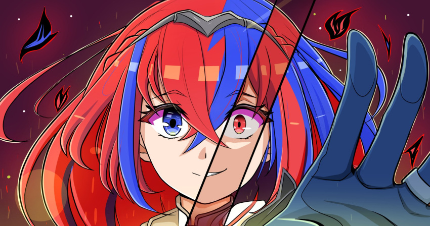 alear_(female)_(fire_emblem) alear_(fire_emblem) blue_hair braid crossed_bangs crown_braid fire_emblem fire_emblem_engage heterochromia highres multicolored_hair red_eyes red_hair split-color_hair taks_art22 tiara two-tone_hair