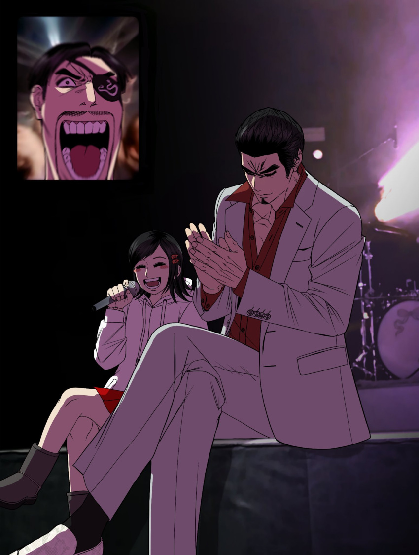 1girl 2boys black_hair black_socks boots cdtxufre clapping english_commentary facial_hair fan_screaming_at_madison_beer_(meme) goatee grey_footwear highres holding holding_microphone hood hoodie inset kiryu_kazuma knee_boots majima_goro meme microphone multiple_boys open_clothes open_mouth open_shirt pants photo_background pleated_skirt red_shirt red_skirt ryuu_ga_gotoku_(series) sawamura_haruka screaming shirt short_hair sitting skirt smile socks suit veins white_footwear white_hoodie white_pants white_suit yakuza