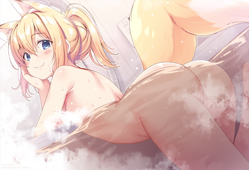 1girl animal_ear_fluff animal_ears ass blonde_hair blue_eyes blush completely_nude convenient_censoring extra_ears flat_chest fox_ears fox_girl fox_tail hair_bun hand_on_own_cheek hand_on_own_face head_rest long_hair looking_at_viewer nozomi_tsubame nude original partially_submerged ponytail short_hair short_ponytail sidelocks smile steam steam_censor suzuha_(nozomi_tsubame) tail turning_head water wet