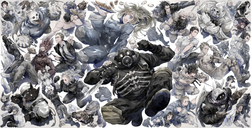 6+boys 6+girls black_gloves black_hair black_jacket black_mask black_pants black_sleeves blonde_hair blue_eyes blue_jacket blue_pants blue_shirt blue_sleeves breasts brown_footwear character_request cleavage clenched_teeth clothes_lift coattails collared_shirt commentary_request dog_boy dorohedoro dragon_wings dual_wielding everyone eyelashes fingernails food full_body furry furry_male gas_mask gloves grey_gloves grey_tank_top hand_on_another's_shoulder head_wings highres holding holding_plate holding_scythe holding_sword holding_weapon hood hood_up hooded_jacket jacket jacket_lift knee_pads lab_coat leather leather_jacket long_hair long_sleeves long_tongue looking_at_viewer mask multiple_boys multiple_girls open_clothes open_jacket open_mouth pants plate red_hair scythe shirt shoes short_ponytail short_sleeves smile spikes sword tank_top teeth tongue u_u_ki_u_u upper_teeth_only weapon white_background white_hair white_shirt white_sleeves wings