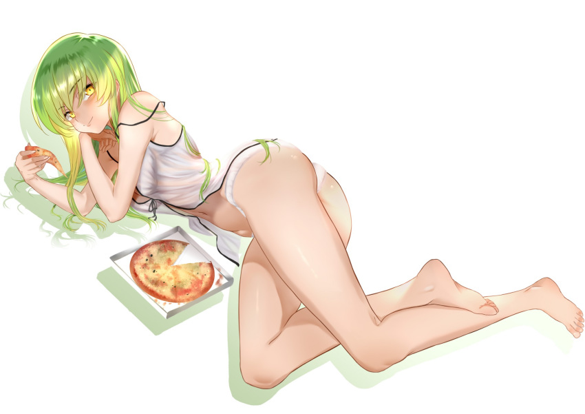 1girl alternate_costume arm_support armpit_crease ass babydoll bangs barefoot black_ribbon blush breasts c.c. chin_rest cleavage closed_mouth code_geass eyebrows_visible_through_hair fingernails food from_above from_side front-tie_top full_body green_hair groin hair_between_eyes hand_on_own_cheek hand_on_own_shoulder hands_up highres holding holding_food legs legs_together light_smile lingerie long_fingernails long_hair looking_at_viewer looking_back lying medium_breasts midriff navel on_side panties pizza pizza_box ribbon see-through shadow shiny shiny_hair shiny_skin simple_background slice_of_pizza smile soles solo stomach strap_slip thighs underwear underwear_only very_long_hair white_babydoll white_background white_panties yellow_eyes zasshu