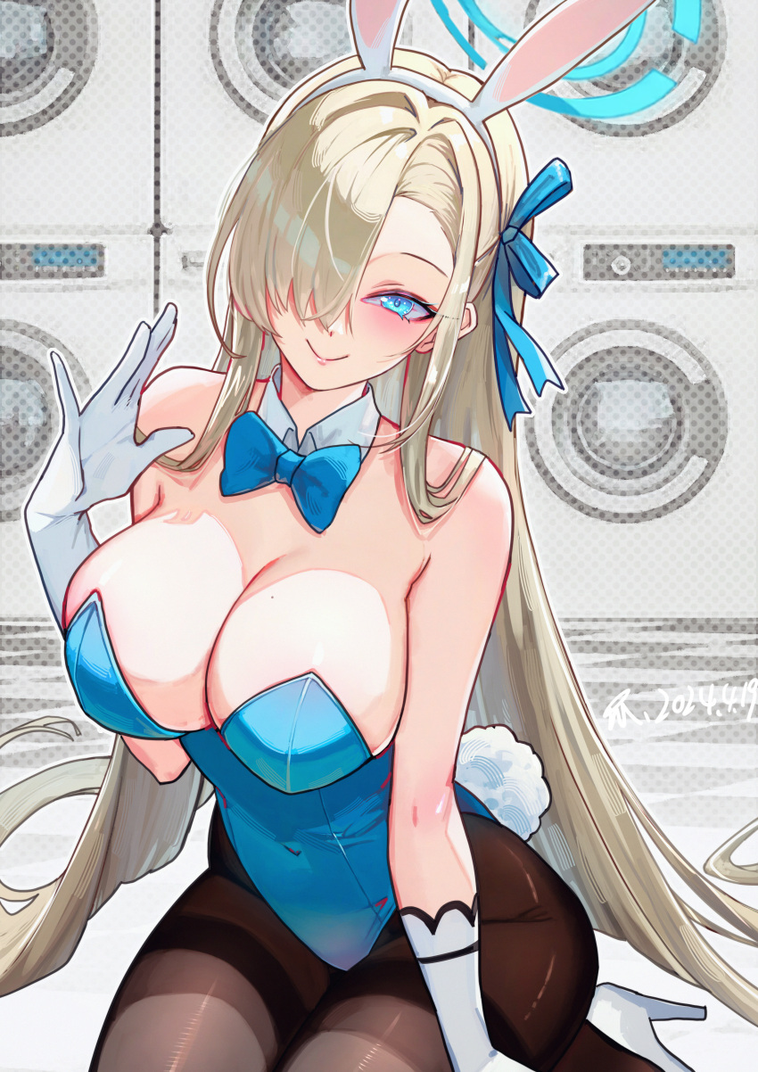 1girl absurdres animal_ear_hairband animal_ears asuna_(blue_archive) asuna_(bunny)_(blue_archive) banhuaaidie bare_shoulders blonde_hair blue_archive blue_bow blue_bowtie blue_eyes blue_leotard blue_ribbon bow bowtie breasts brown_pantyhose c: cleavage closed_mouth dated detached_collar elbow_gloves fake_animal_ears fake_tail gloves hair_intakes hair_over_one_eye hair_ribbon hairband halftone hand_up highleg highleg_leotard highres kneeling large_breasts leotard long_hair looking_at_viewer mole mole_on_breast official_alternate_costume one_eye_covered pantyhose rabbit_ears rabbit_tail ribbon signature smile solo strapless strapless_leotard tail traditional_bowtie very_long_hair washing_machine white_gloves white_hairband white_tail