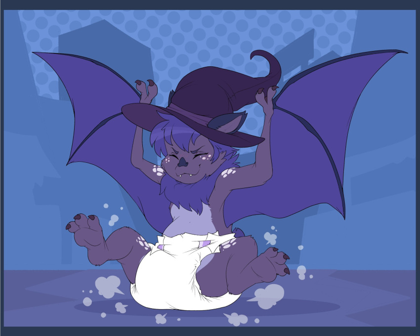 anthro aurora_the_bat bat butt_slam chest_tuft claws clothing cuddlehooves diaper eyes_closed feet female ground_pound hat headgear headwear hi_res magic_user mammal poof poof_effect smile solo spread_legs spreading teeth tuft winged_arms wings witch witch_hat