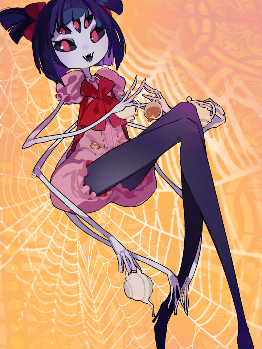 1girl :d arthropod_girl black_pantyhose black_sclera blue_hair bow colored_inner_hair colored_sclera cup extra_arms extra_eyes fangs hair_bow high_heels highres holding holding_cup holding_teapot idkuroi looking_at_viewer monster_girl muffet multicolored_hair orange_background pantyhose puffy_short_sleeves puffy_sleeves purple_hair red_bow red_eyes sharp_teeth short_sleeves silk smile solo spider_girl spider_web tea teacup teapot teeth two_side_up undertale