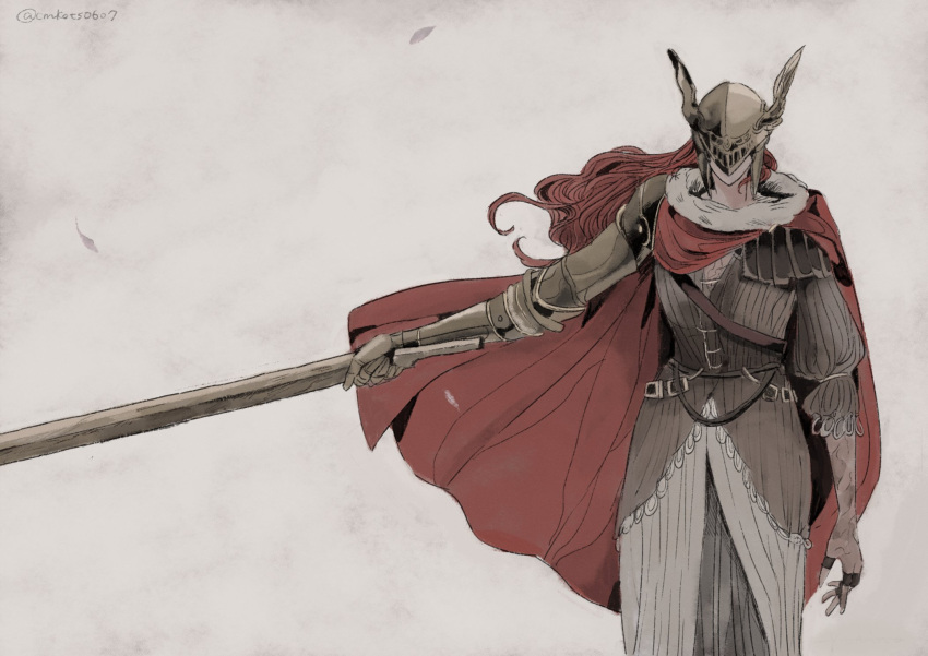 1girl amputee armor cape covered_eyes dress elden_ring gold_armor golden_sword helmet helmet_over_eyes highres malenia_blade_of_miquella mechanical_arms prosthesis prosthetic_arm red_cape red_hair single_mechanical_arm winged_helmet yoshino_(cmkots)