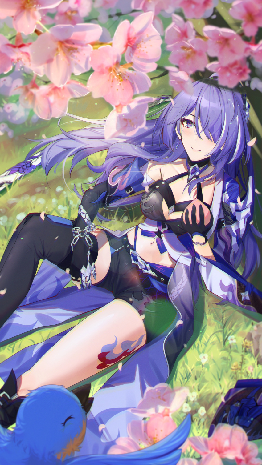 1girl absurdres acheron_(honkai:_star_rail) ahoge arm_belt armor asymmetrical_legwear bandaged_arm bandages belt bird black_belt black_choker black_gloves black_shorts blue_bird boots breasts chain chain_around_arm cherry_blossoms choker cleavage coat coattails collarbone commentary_request criss-cross_halter detached_sleeves elbow_gloves food fruit gloves grass hair_ornament hair_over_one_eye halterneck highres holding holding_food holding_fruit honkai:_star_rail honkai_(series) knee_boots large_breasts leaning_on_object leg_tattoo light_blush long_hair looking_at_viewer midriff multicolored_hair navel outdoors peach purple_eyes purple_hair scabbard scenery sheath sheathed shorts shoulder_armor single_bare_shoulder single_detached_sleeve single_knee_boot single_thigh_boot sitting smile solo solo_focus streaked_hair sword tattoo thigh_boots thighs tu_pao_diao_yu_shao very_long_hair weapon white_coat wind