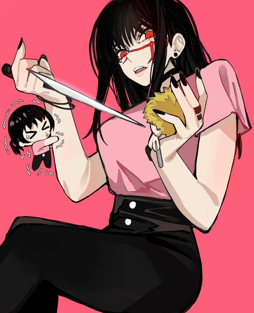 absurdres black_hair black_pants chainsaw_man cross_scar denji_(chainsaw_man) earrings high-waist_pants highres holding holding_knife jewelry knife long_hair mitaka_asa nail_polish pants ringed_eyes sailen0 scar scar_on_cheek scar_on_face scar_on_nose shirt simple_background sitting yoru_(chainsaw_man)