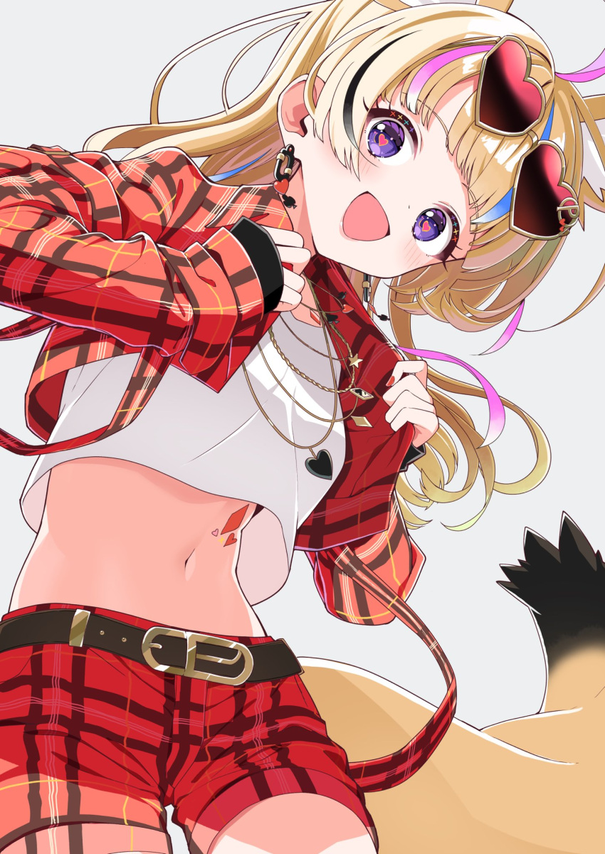 :d ahoge animal_ear_fluff animal_ears arched_bangs belt black_hair blonde_hair blue_hair brown_belt cropped_jacket cropped_shirt earrings eyewear_on_head fox_ears fox_girl fox_tail hashtag-only_commentary heart heart-shaped_eyewear heart-shaped_pupils highres holding holding_clothes holding_jacket hololive hoop_earrings itaboon jacket jewelry knees_out_of_frame leaning long_hair long_sleeves looking_at_viewer midriff multicolored_hair multiple_necklaces navel official_alternate_costume official_alternate_hairstyle omaru_polka open_clothes open_jacket pink_hair plaid plaid_jacket plaid_shorts purple_eyes red-tinted_eyewear red_jacket red_nails red_shorts shirt short_shorts shorts simple_background smile streaked_hair sunglasses symbol-shaped_pupils tail tinted_eyewear virtual_youtuber white_background white_shirt