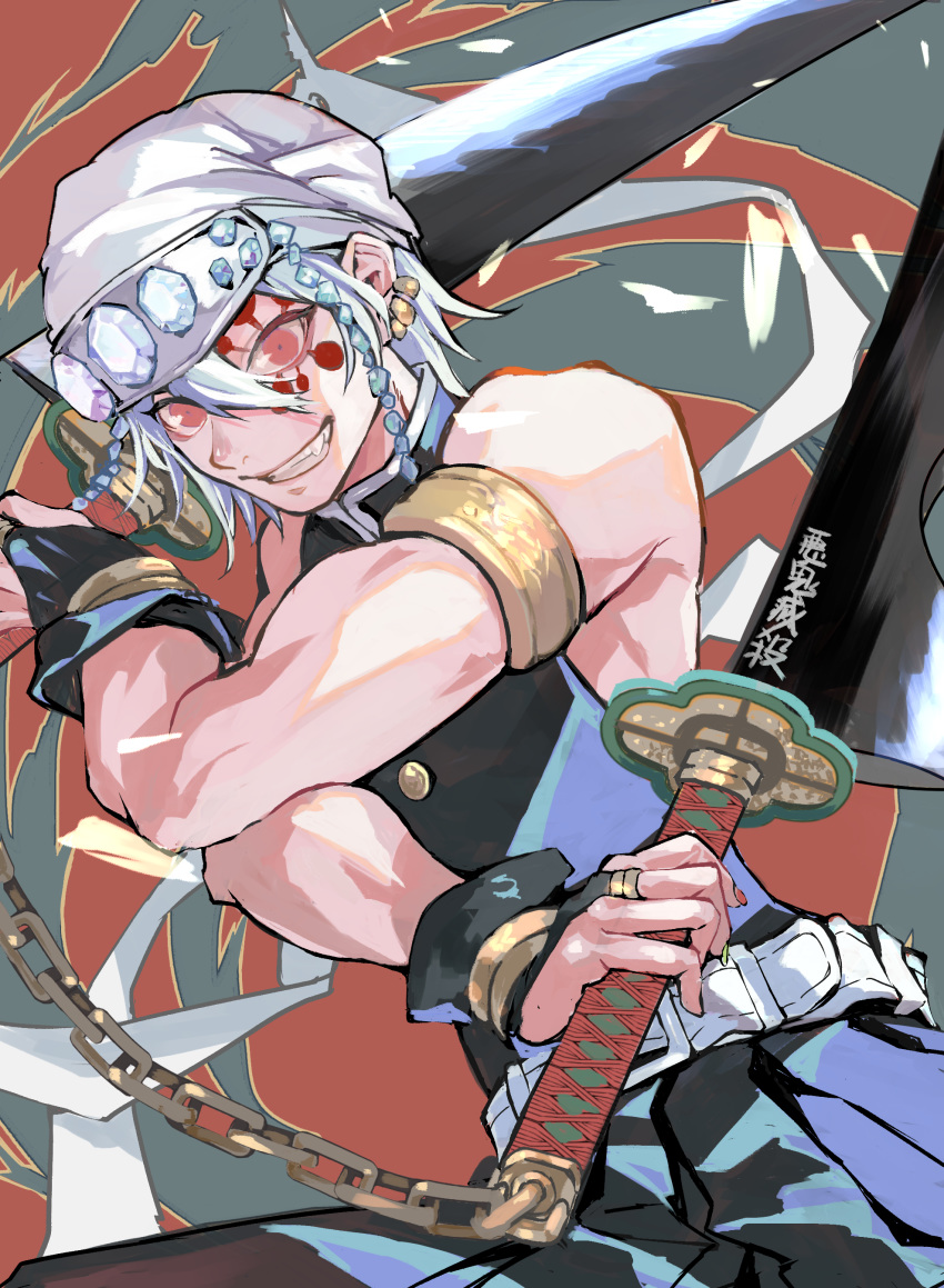 1boy absurdres armlet bridal_gauntlets chain cowboy_shot dual_wielding earrings facial_mark gem grin headband highres holding holding_sword holding_weapon jewelry kimetsu_no_yaiba male_focus mimimikan pink_eyes silver_hair simple_background smile solo sword teeth uniform uzui_tengen weapon