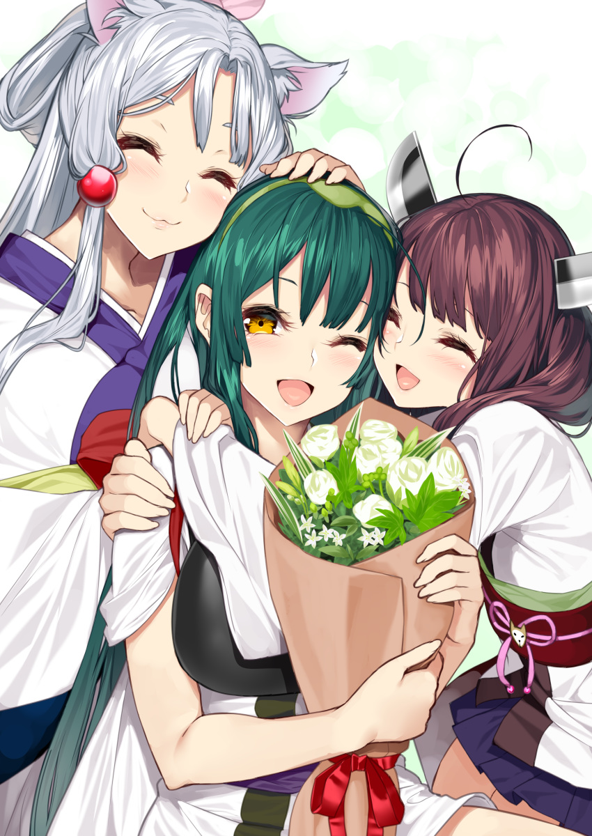 3girls :3 :d ;d ^_^ absurdres ahoge animal_ear_fluff animal_ears bangs bouquet brown_hair closed_eyes closed_mouth eyebrows_behind_hair flower fox_ears girl_sandwich green_hair hair_ornament hand_on_another's_head headgear highres holding holding_bouquet hug japanese_clothes kimono long_hair multiple_girls muneate obi one_eye_closed open_mouth orange_eyes rose sandwiched sash short_sleeves silver_hair smile tasuki touhoku_itako touhoku_kiritan touhoku_zunko twintails voiceroid white_flower white_kimono white_rose yappen