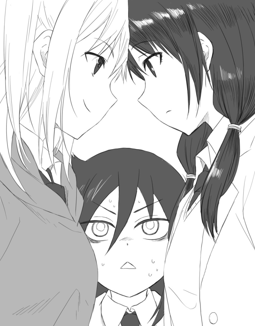 3girls bags_under_eyes black_hair breasts closed_mouth commentary confrontation eye_contact eyebrows_visible_through_hair faceoff greyscale highres hyakuen_raitaa kuroki_tomoko long_hair looking_at_another monochrome multiple_girls necktie nemoto_hina open_mouth sweat tamura_yuri watashi_ga_motenai_no_wa_dou_kangaetemo_omaera_ga_warui!