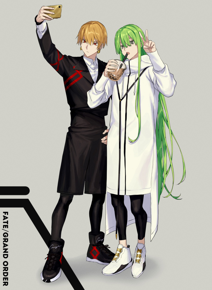 1boy 1other absurdres blonde_hair bubble_tea cellphone earrings enkidu_(fate/strange_fake) fate/grand_order fate/strange_fake fate_(series) gilgamesh gilgamesh_(caster)_(fate) green_eyes green_hair highres jewelry long_hair namakawa open_mouth phone red_eyes shoes shorts smartphone sneakers v very_long_hair