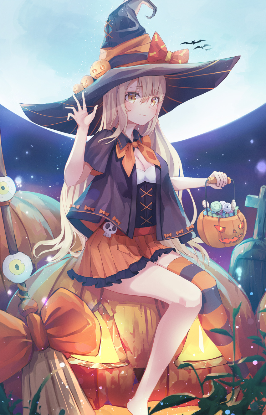 1girl bangs bat blush bow bowtie breasts broom candy cleavage cloak cross-laced_clothes doroshi eyebrows_visible_through_hair food frilled_skirt frills hair_between_eyes halloween hand_up hat highres holding jack-o'-lantern long_hair looking_at_viewer moon multicolored multicolored_clothes night night_sky orange_shirt original platinum_blonde_hair pleated_skirt pumpkin shirt single_thighhigh sitting skirt skull sky smile solo star_(sky) starry_sky striped striped_legwear thighhighs tombstone witch witch_hat yellow_eyes