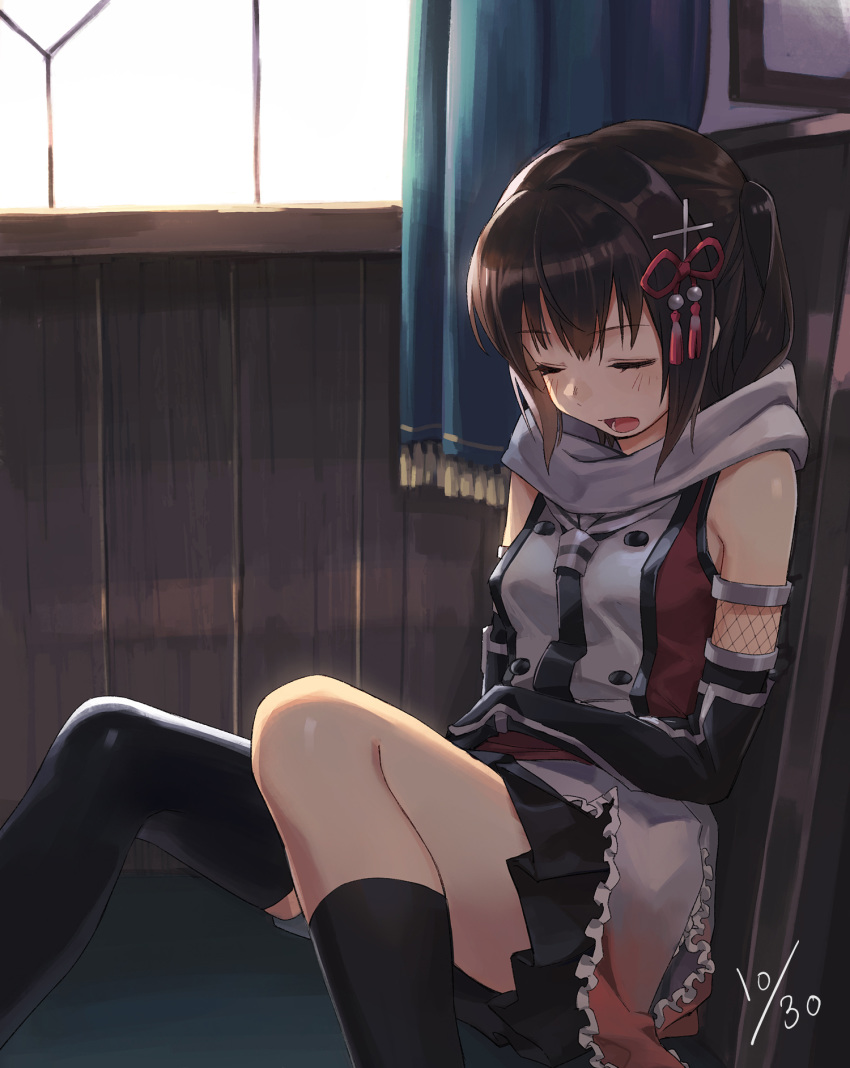 1girl black_gloves black_legwear black_skirt breasts brown_hair closed_eyes double-breasted elbow_gloves fingerless_gloves gloves hair_ornament highres indoors kantai_collection mismatched_legwear neckerchief pleated_skirt remodel_(kantai_collection) scarf school_uniform sendai_(kantai_collection) serafuku single_thighhigh sitting skirt sleeveless small_breasts solo thighhighs tugo two_side_up white_scarf window