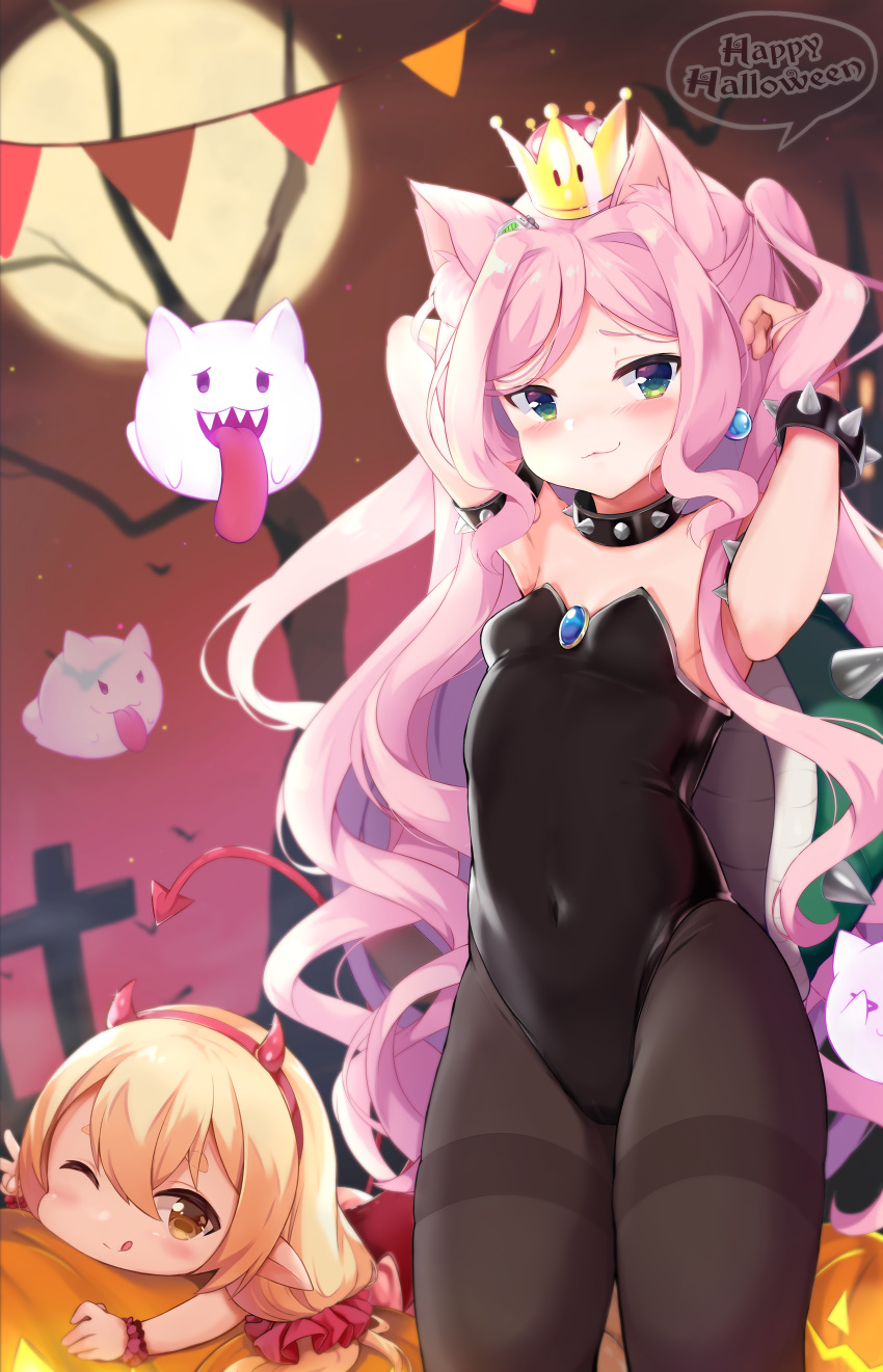 &gt;_&lt; 2girls :3 ;q absurdres animal_ear_fluff animal_ears arms_up bangs bare_tree black_collar black_leotard blonde_hair blush boo borrowed_character bowsette bracelet breasts brown_eyes brown_legwear cat_ears closed_mouth collar commentary covered_navel crown demon_girl demon_horns demon_tail earrings eyebrows_behind_hair eyebrows_visible_through_hair fake_horns full_moon ghost green_eyes groin hairband hands_in_hair happy_halloween highres horns jack-o'-lantern jewelry kemonomimi_mode leotard long_hair looking_at_viewer low_twintails mario_(series) mini_crown moon multiple_girls new_super_mario_bros._u_deluxe nyatrix one_eye_closed pantyhose parted_bangs pennant pink_hair red_hairband small_breasts smile spiked_armlet spiked_bracelet spiked_collar spiked_shell spikes strapless strapless_leotard string_of_flags super_crown syrene_(kyuri_tizu) tail thick_eyebrows thighband_pantyhose tongue tongue_out tree turtle_shell twintails very_long_hair