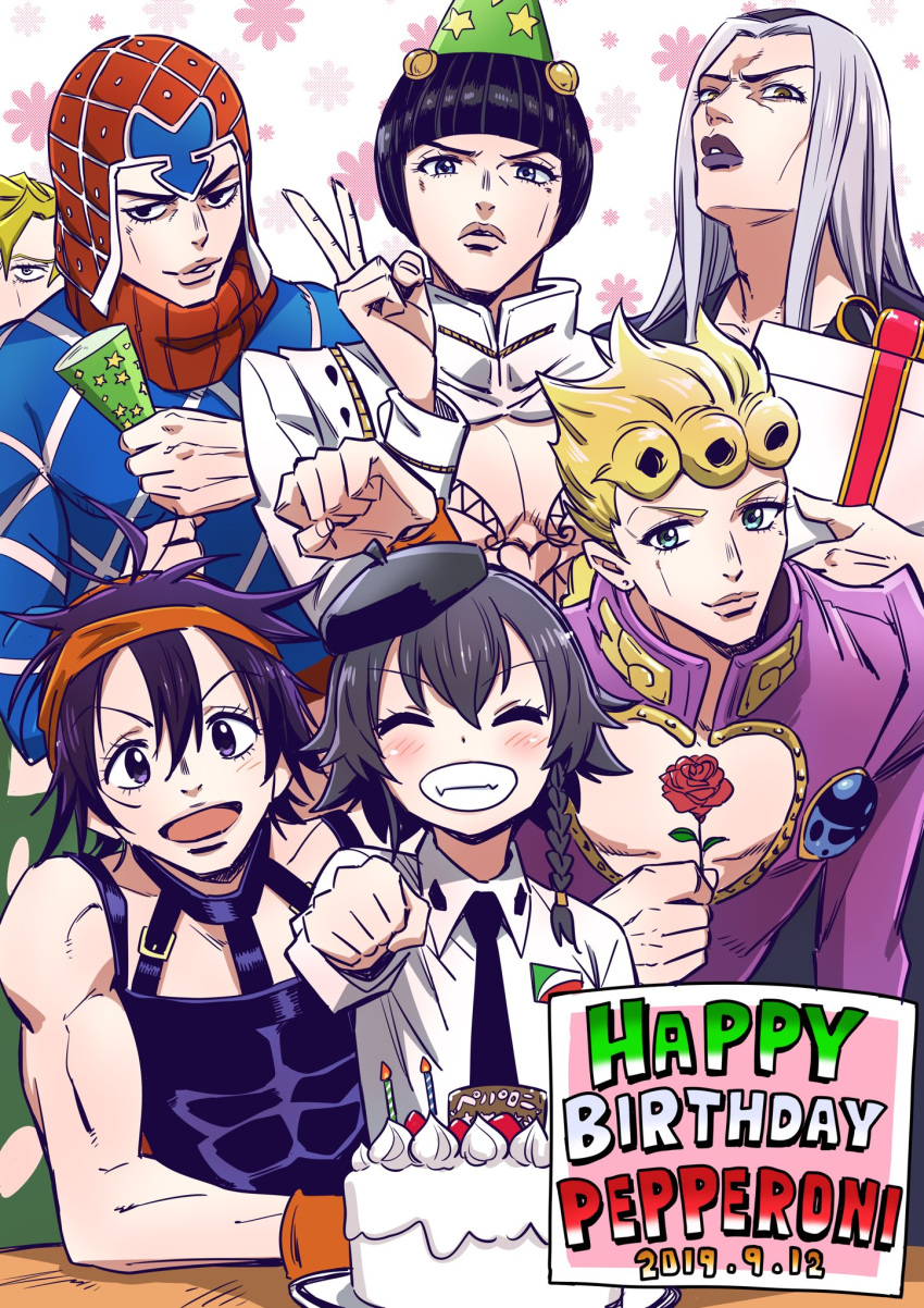 1girl 6+boys anzio_school_uniform bangs beret birthday_cake black_eyes black_hair black_headwear black_neckwear black_shirt blonde_hair blue_eyes blue_shirt blunt_bangs blush bob_cut braid bruno_buccellati bug cake character_name chest clenched_hand closed_eyes closed_mouth commentary crossover dated dress_shirt emblem english_text eyebrows_visible_through_hair facing_viewer floral_background flower food gift giorno_giovanna girls_und_panzer grin guido_mista happy_birthday hat headband high_collar highres holding holding_flower holding_gift hone_(honehone083) insect jacket jojo_no_kimyou_na_bouken ladybug leaning_forward leone_abbacchio long_hair long_sleeves looking_at_viewer multiple_boys narancia_ghirga necktie open_mouth orange_headband orange_wristband pannacotta_fugo party_hat pepperoni_(girls_und_panzer) purple_jacket red_flower red_headwear red_rose rose school_uniform sharp_teeth shirt short_hair side_braid silver_hair sitting sleeveless sleeveless_shirt smile standing teeth trait_connection v vento_aureo white_jacket white_shirt wristband