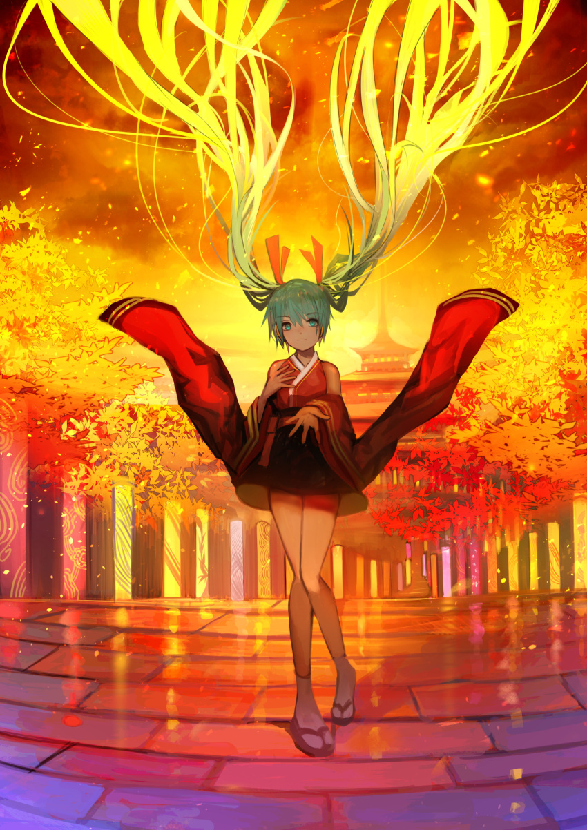1girl :| absurdly_long_hair aqua_eyes aqua_hair architecture autumn_leaves bare_legs bare_shoulders closed_mouth commentary detached_sleeves east_asian_architecture floating_hair full_body hair_ornament hair_ribbon hand_on_own_chest hatsune_miku headphones highres japanese_clothes kimono kimono_skirt leaf legs long_hair looking_at_viewer orange_sky orange_theme outdoors outstretched_hand pigeon-toed reaching_out reflective_floor ribbon sandals sky spire standing sunset tabi tarbo_(exxxpiation) temple tree very_long_hair vocaloid wide_sleeves