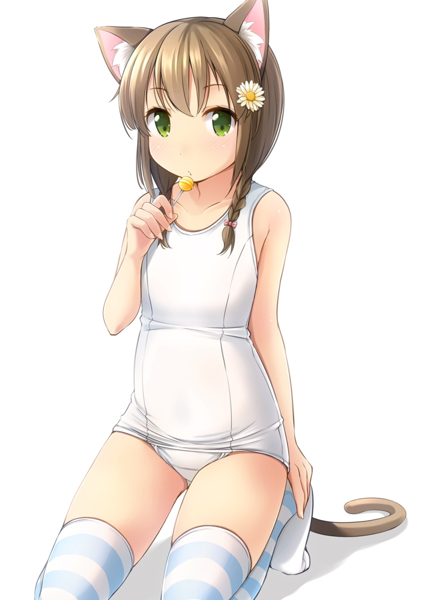 1girl animal_ear_fluff animal_ears bangs bare_arms bare_shoulders blush bow braid breasts brown_hair candy cat_ears cat_girl cat_tail closed_mouth collarbone commentary_request eyebrows_visible_through_hair fingernails flower food green_eyes hair_bow hair_flower hair_ornament hand_up highres holding holding_food holding_lollipop kneeling lollipop long_hair looking_at_viewer no_shoes old_school_swimsuit one-piece_swimsuit original pink_bow school_swimsuit shibacha small_breasts solo striped striped_legwear swimsuit tail thighhighs thighs twin_braids white_background white_flower white_school_swimsuit white_swimsuit