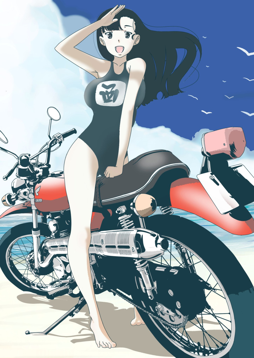 1girl :d arm_support asymmetrical_bangs bangs barefoot beach bird black_eyes black_hair black_swimsuit blue_sky character_name cloud cloudy_sky commentary day full_body girls_und_panzer ground_vehicle highres long_hair looking_at_viewer motor_vehicle motorcycle name_tag nishi_kinuyo ocean on_vehicle one-piece_swimsuit open_mouth outdoors pero_(gessoyo) salute school_swimsuit shadow sky smile solo standing swimsuit wind