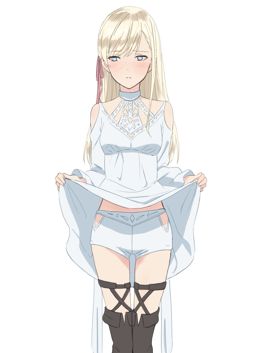 1girl breasts character_request closed_mouth commentary_request dress embarrassed final_fantasy final_fantasy_xiv highres hyakuen_raitaa lifted_by_self long_hair looking_to_the_side presenting shorts simple_background skirt skirt_lift solo white_background