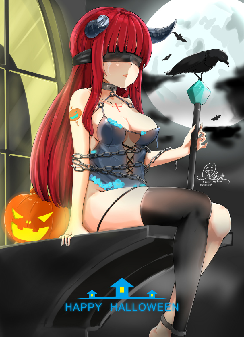 1girl absurdres animal arm_at_side bangs bare_shoulders bat bird black_legwear blindfold blue_leotard blunt_bangs breasts broken_horn chain cleavage commentary_request covered_eyes cross-laced_clothes crow dated demon_horns facial_mark feet_out_of_frame full_moon halloween halterneck happy_halloween highres holding holding_staff horns jack-o'-lantern leotard long_hair medium_breasts moon night o-ring original outdoors parted_lips pumpkin qianxiaolin red_hair shoulder_tattoo sidelocks signature single_thighhigh sitting staff tattoo thighhighs torn_clothes very_long_hair window