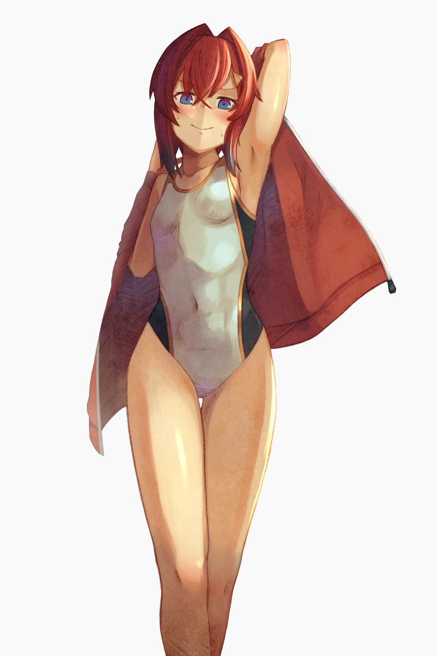 1girl absurdres ange_katrina arm_up armpits bangs blue_eyes blush breasts closed_mouth collarbone competition_swimsuit covered_navel cowboy_shot hair_intakes hair_ornament hairclip highres jacket jacket_removed looking_at_viewer mutsuki_albino nijisanji one-piece_swimsuit red_hair red_jacket short_hair small_breasts smile solo sweatdrop swimsuit thigh_gap virtual_youtuber white_swimsuit